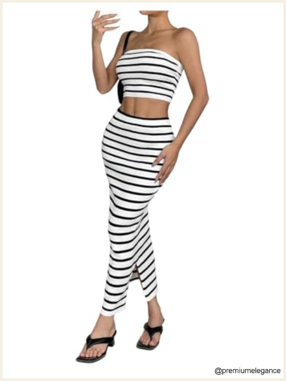 Women's 2 Piece Striped Rib Knit Strapless Crop Top & Maxi Skirt Set